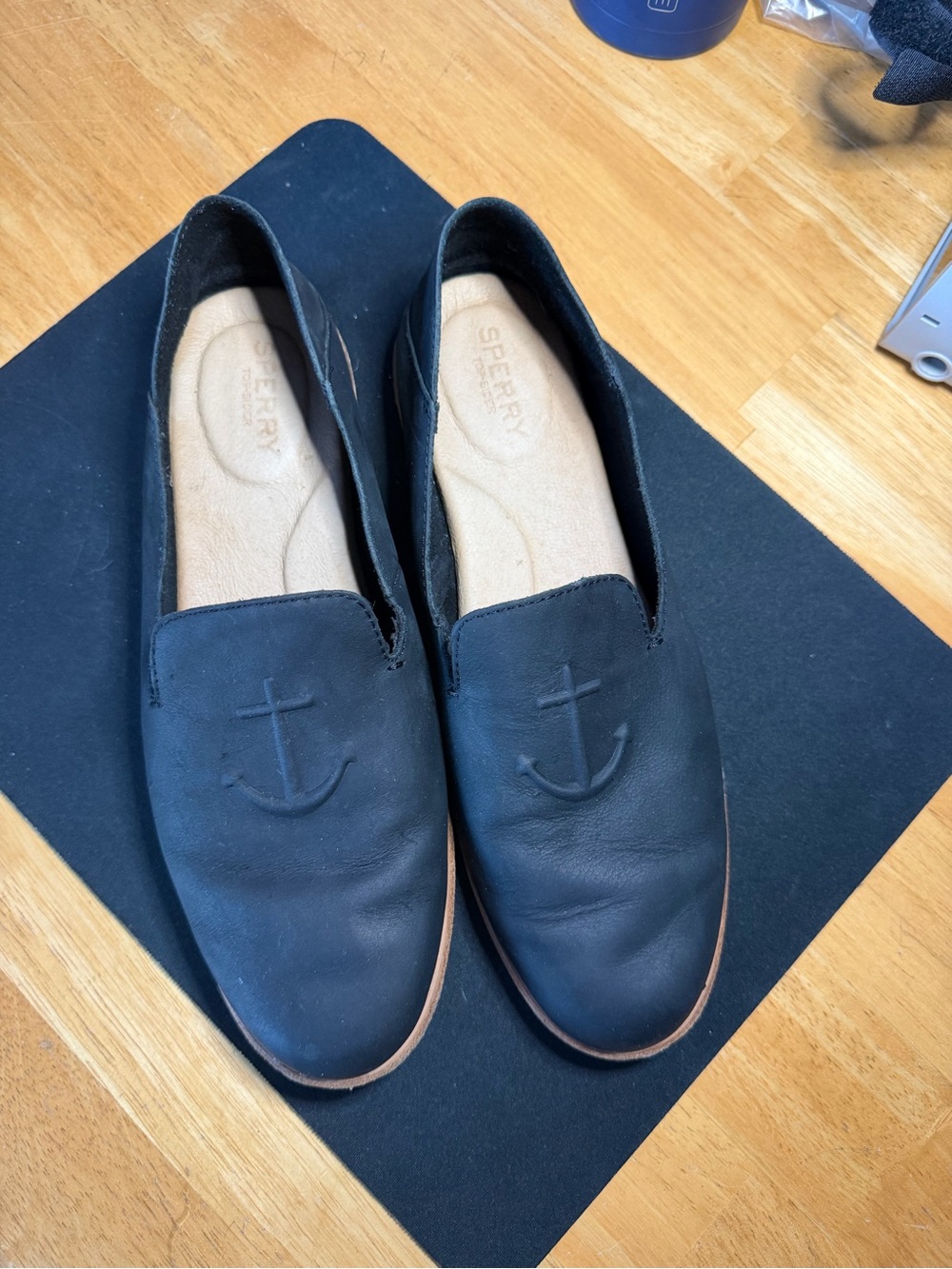 Sperry Black Leather Slip-On Loafers with Embossed Anchor - Women’s 9